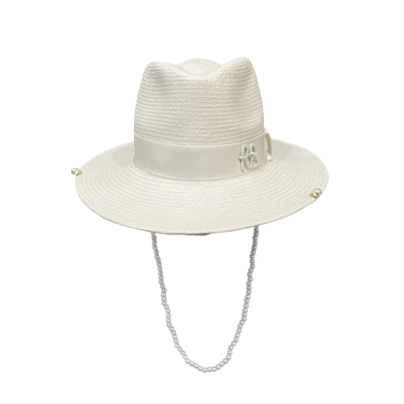 2024 summer new arrival Pearls-embellished Chain Strap Fedora Hat straw hat for women