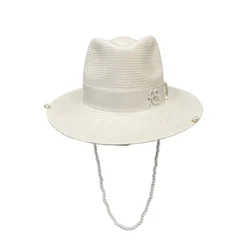 2024 summer new arrival Pearls-embellished Chain Strap Fedora Hat straw hat for women