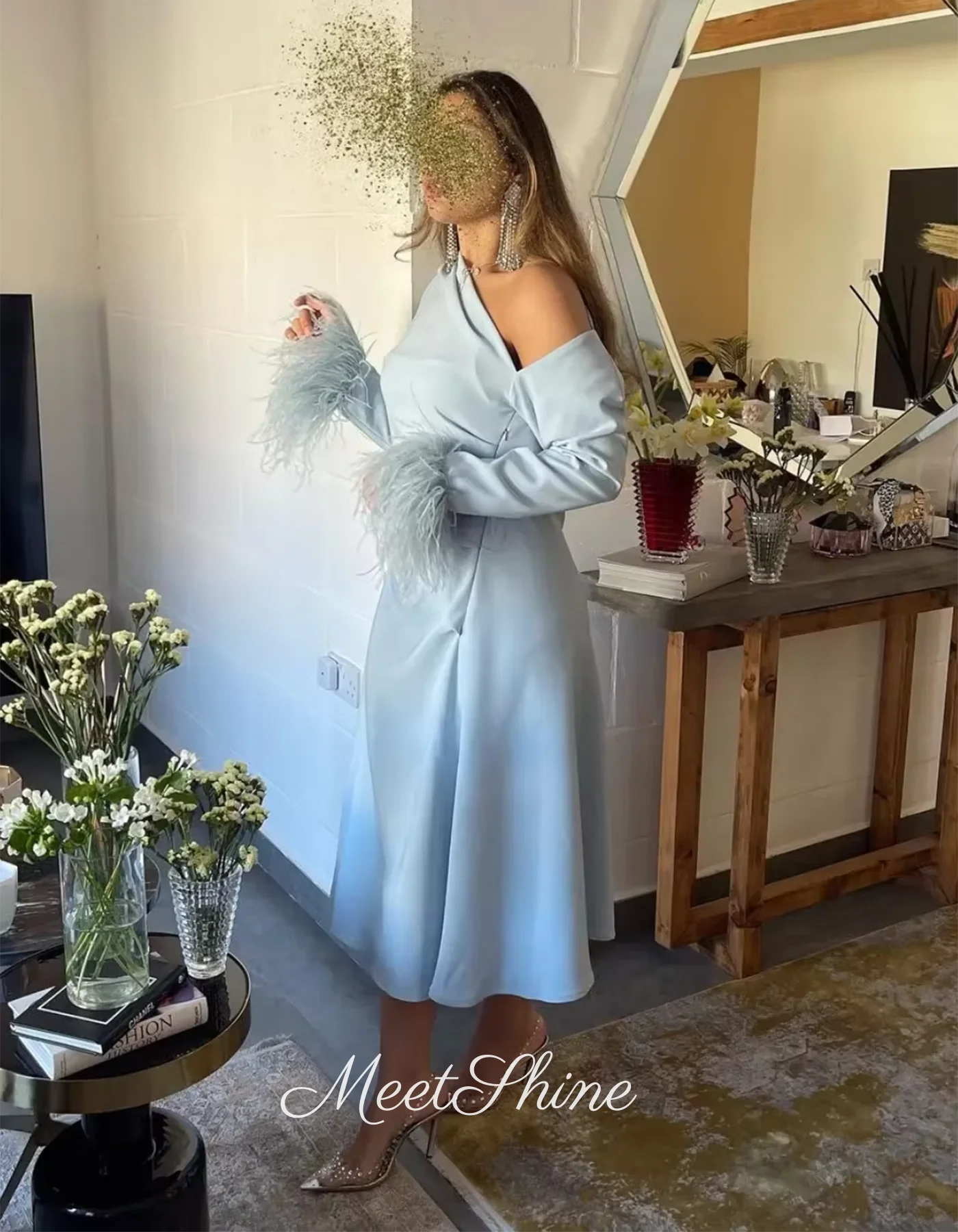 Vestido de fiesta de plumas de un hombro, azul cielo, mangas largas, vestidos de noche de alta calidad, vestido Formal de fiesta de boda personalizado