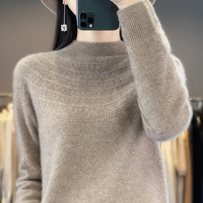 Autumn and winter new ladies 100% pure wool knitted semi-high collar solid color loose slim fashion Joker pullover