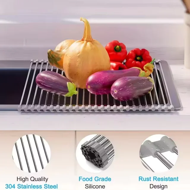 Rollable Foldable Stainless Steel Sink Drying Rack Kitchen Multifunctional Dish Drainer For Vegetable Fruit Storage 3