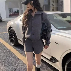 Autumn and Winter 2024 Korean New Fashion Knit Set Age Slimmer Lapel Sweater Cardigan with A-line Knit Shorts Two-piece Set