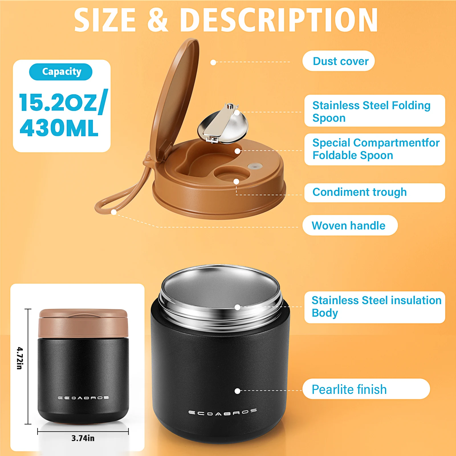 15.2oz Insulated Kids Thermo Jar – Stainless Steel Hot & Cold Lunch Container with Handle and Spoon, Leakproof Wide Mouth Toddle view 3