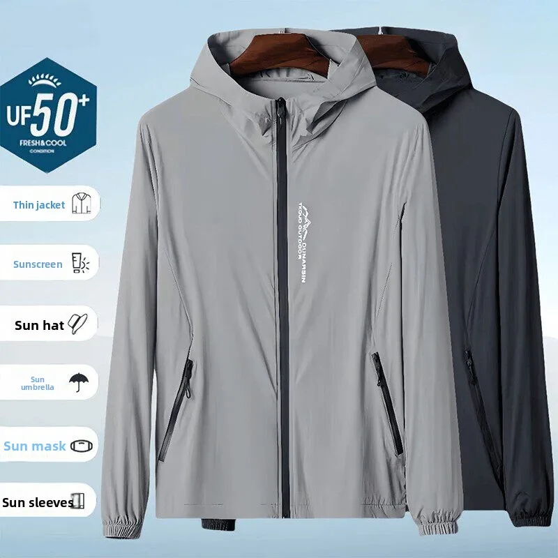 Men's Summer Ice Silk Large Size UV Protection Outdoor Fishing Jacket Thin Breathable Sunscreen Clothing Loose Fit Long Sleeve