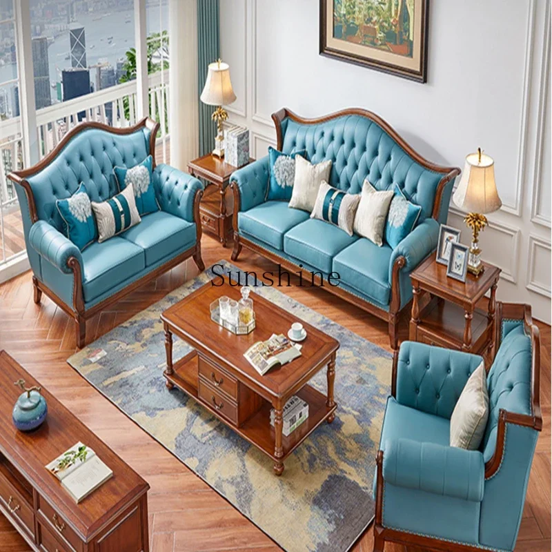 Living room combination large apartment solid wood sofa blue