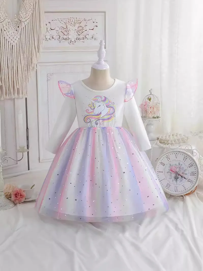 2024 Spring Summer Baby Girl Long Sleeve Princess Dress New Kid Cartoon Unicorn Party Costume Outfits Children Clothing Vestidos