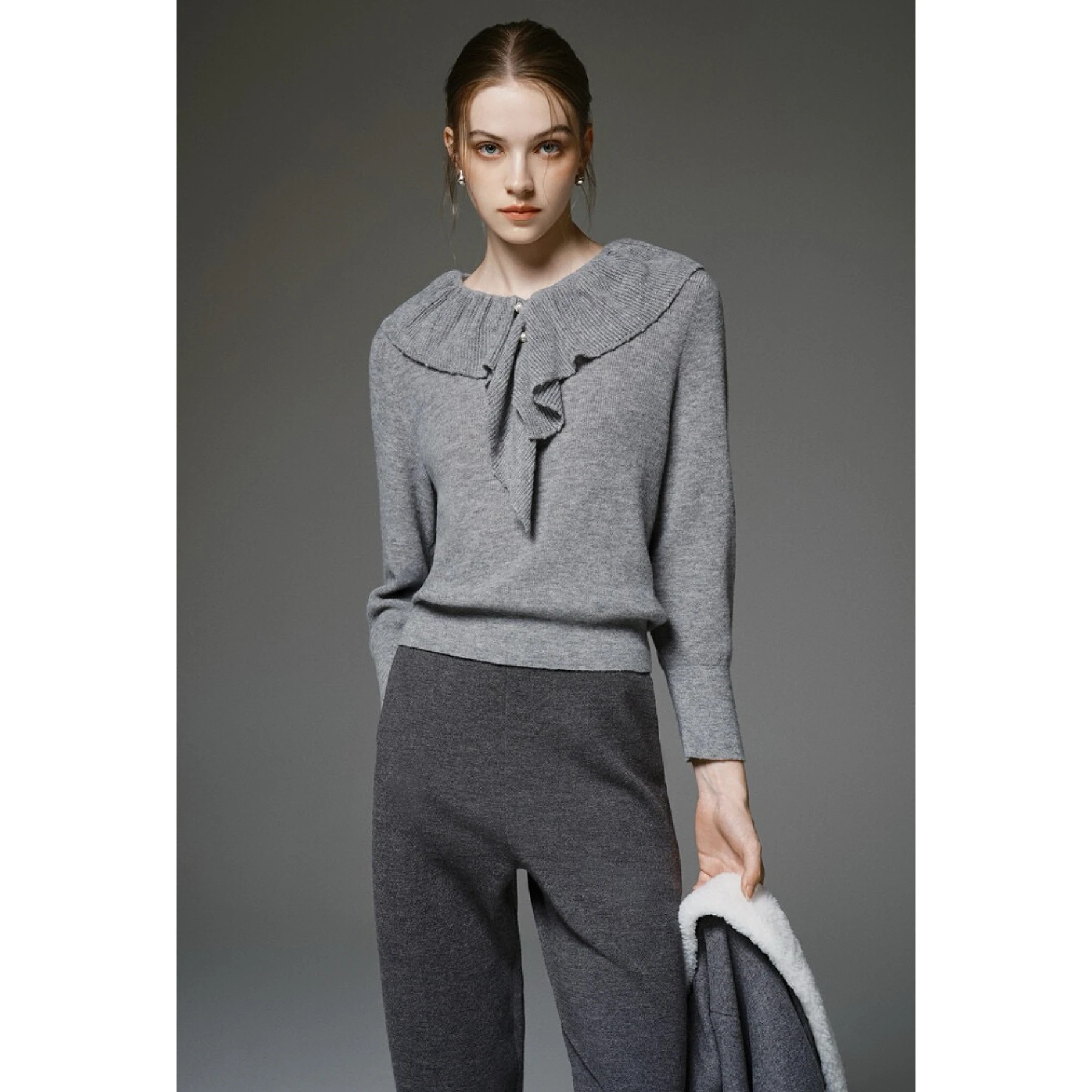 Faionable الليمون الجبن MIN25 الخريف الصوف محبوك سترة الوقوف طوق جرس Sve التخسيس تنوعا تخفيف Sle طويل Sve