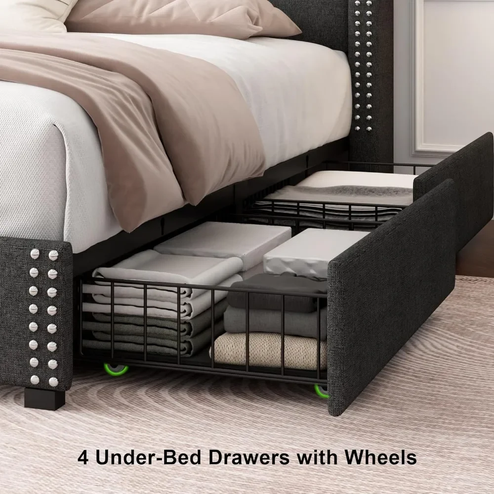 Queen Bed Frame with 4 Storage Drawers, Upholstered Platform Bed Frame with Charging Station & Wingback Shelf, LM