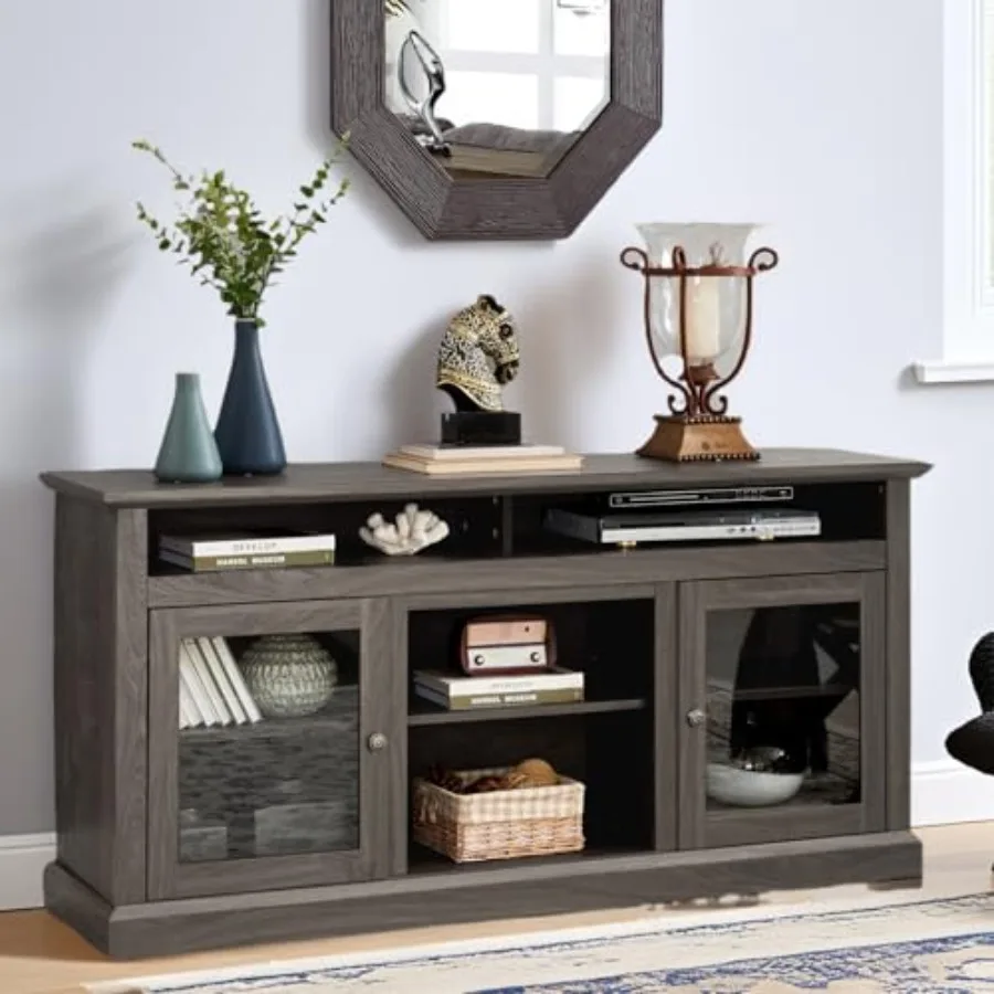 حامل تلفزيون حديث بأبواب زجاجية مركز ترفيه الوسائط 60 بوصة لأجهزة التلفاز حتى 65 بوصة طاولة وحدة تحكم ترفيهية مع قابل للتعديل