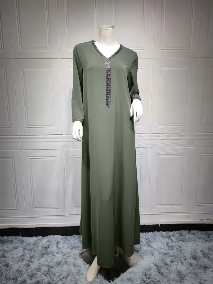 Abayas for Women Summer Elegant Muslim Long Sleeve V-neck Polyester Long Maxi Dress Kaftan Muslim Dress Abaya Dubai Outfits