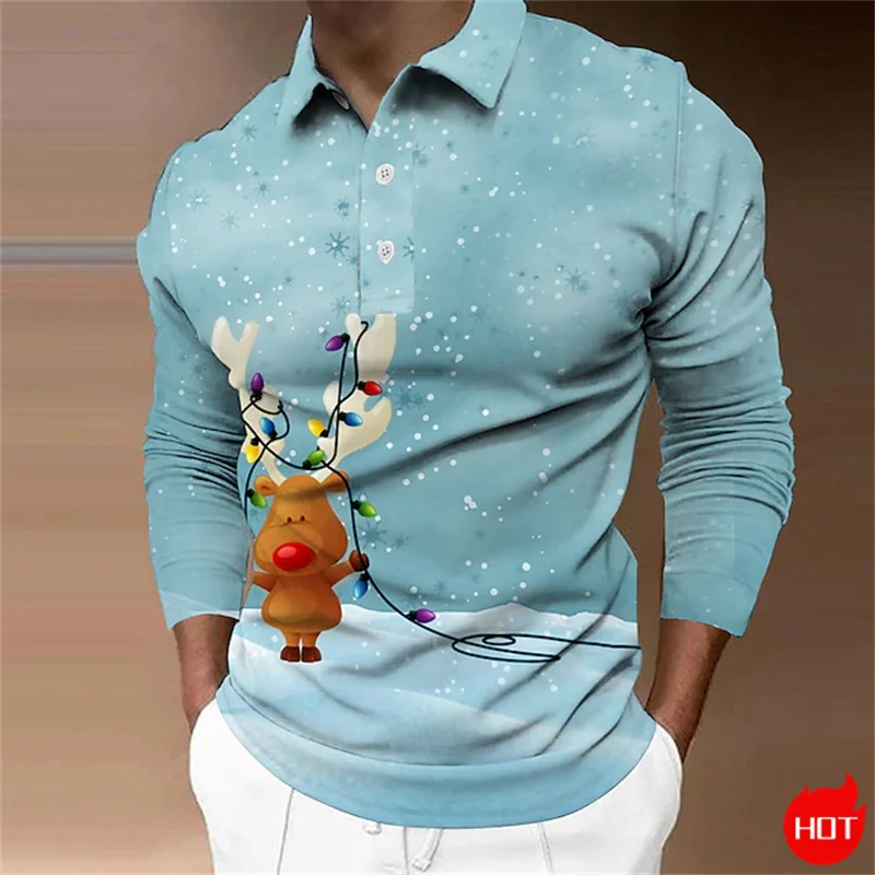 3D Baskılı Merry Christmas Uzun Kollu Polo GÖMLEK Noel Baba Grafik erkek Polo Gömlek Erkekler Için Sevimli Ren Geyiği Kar Taneleri Gömlek