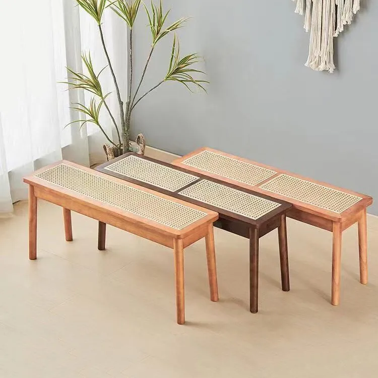 Solid wood rattan bench Home dining room Rectangle medieval style bedroom Bed tail couch Shoe changing bench Bench