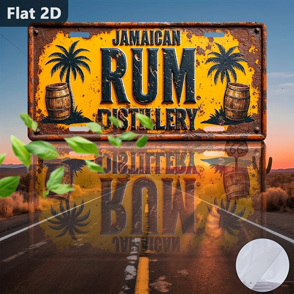 2D Flat, 1pc Vintage Aluminum  Sign - Rum Distillery Wall Art with Palm Trees & Barrel Design, 30x15cm Industrial Retro Metal - view 3