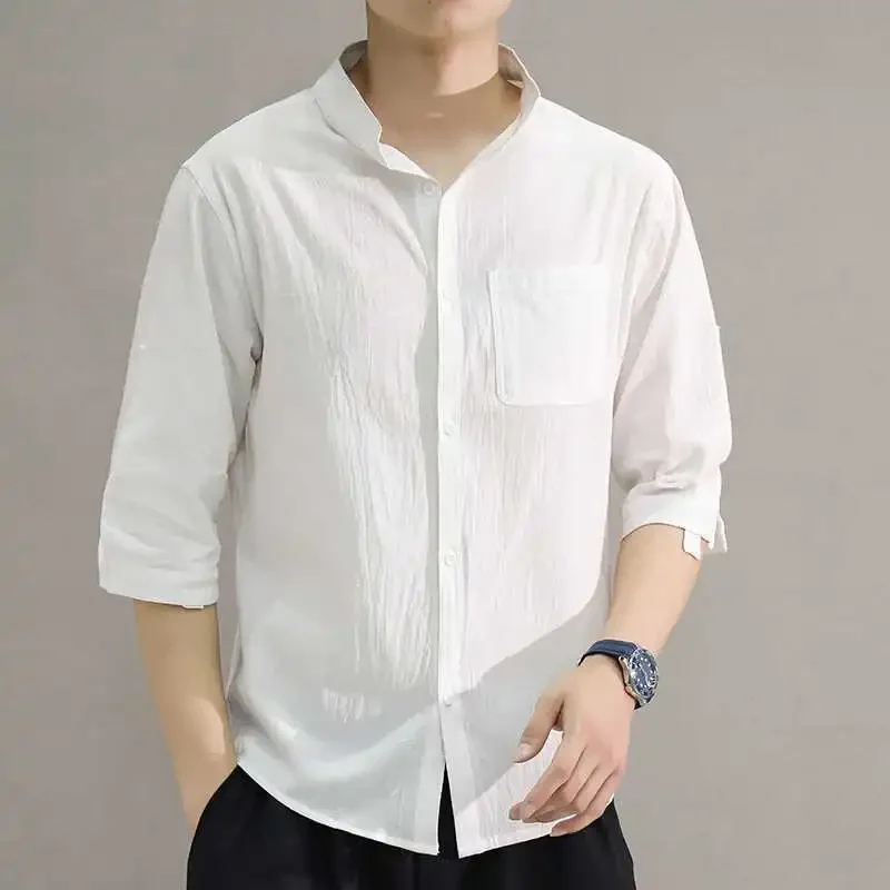

Mens Summer Linen Blend Shirt Casual Loose Half Sleeve Retro Top