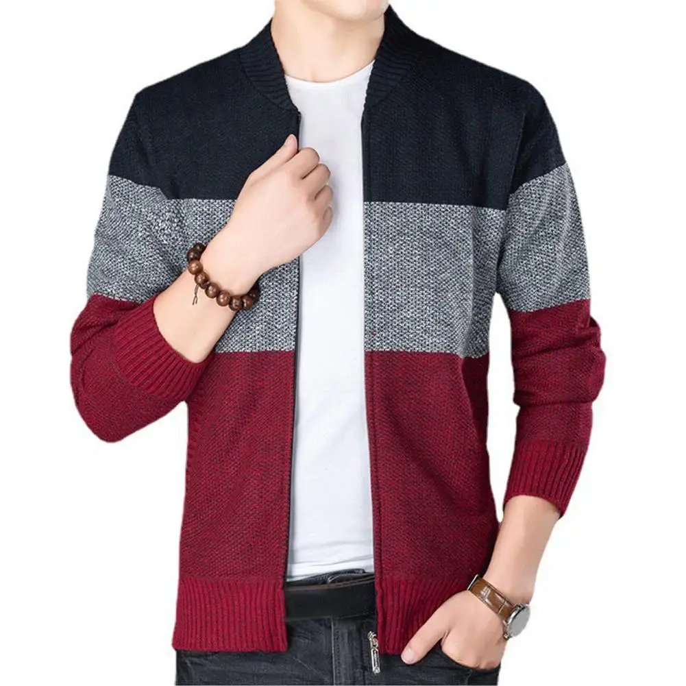 

Zipper Placket Sweater Coat Stylish Men's Knitted Cardigans with Contrast Color Stripes V-neck Slim Fit for Autumn Winter