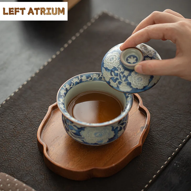170ml Ru Kiln Blue And White Peony Gaiwan Handmade Tea Tureen Tea Bowl With Lid Kit Tea Maker Cover Bowl Ceremony Collection view 4