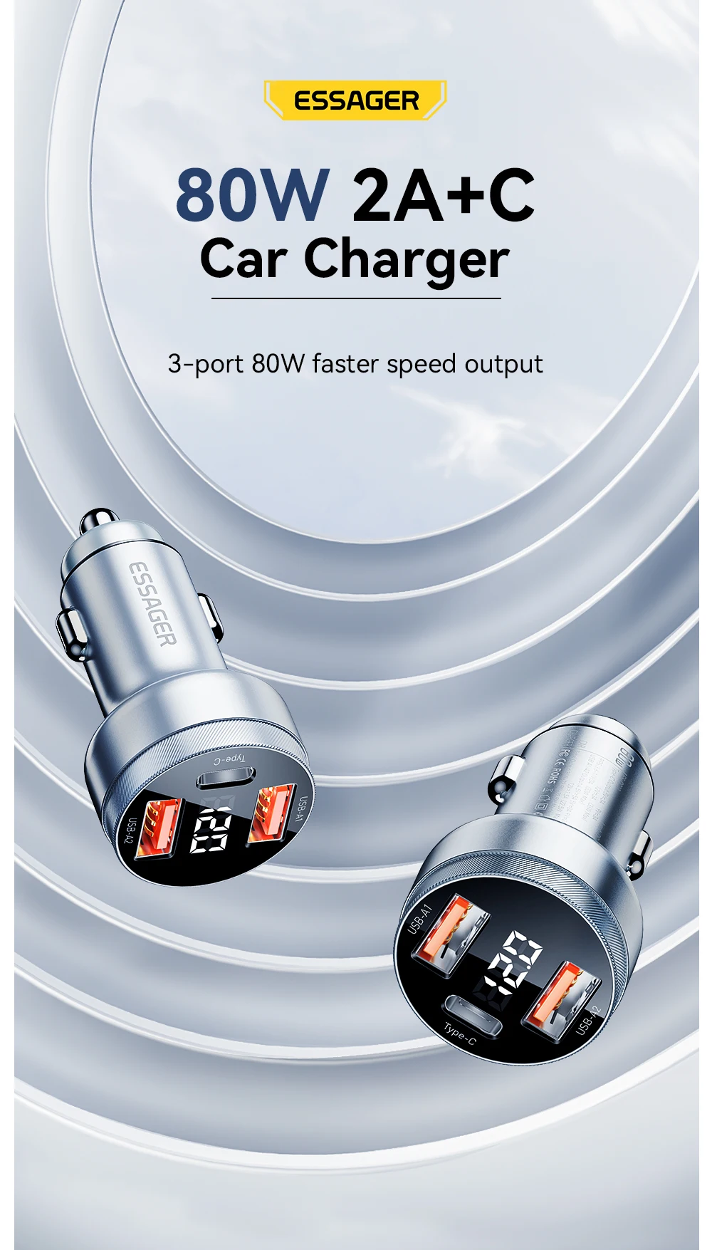 Essage 80W Car Charger USB Type C Dual Port USB Phone Charger PD Fast Charging For iPhone 13 Xiaomi Samsung iPad Laptops Tablets