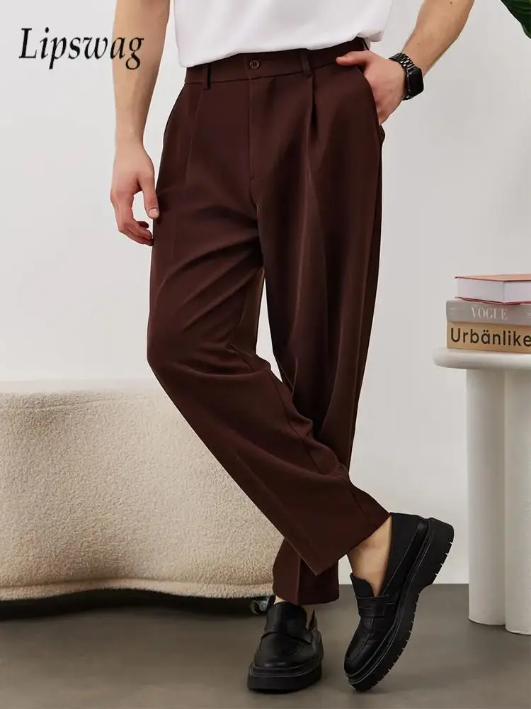 

Деловые повседневные мужские брюки, весна-осень, винтажные плиссированные прямые брюки с высокой талией, мужские модные однотонные свободные классические брюки