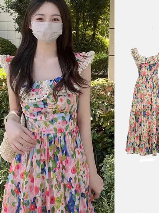 Beach resort style colorful floral dress for women's new style 2024 summer tea break dress gentle sling long dress LPKB