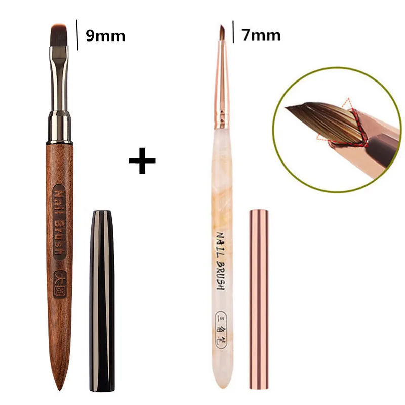 Brosse à ongles triangulaire en acrylique, 2 pièces, stylo pour poudre de manucure, manche rond en bois, pinceaux de construction de Gel