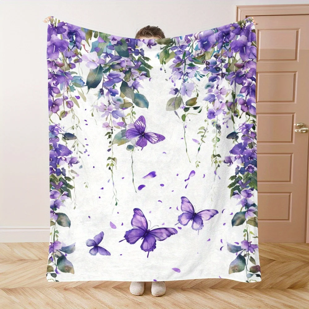 Watercolor Style Print Blanket, Soft and Warm, Butterfly Element, Wisteria Flowers, Plants,for Travel, Cars, Office Home Decor