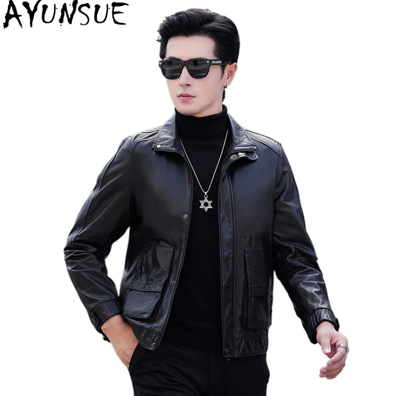 

AYUNSUE 100% Genuine Leather Jackets Man Trend Real Goatskin Leather Coat Short Stand Collar Motorcycle Suit Men Leather Jacket