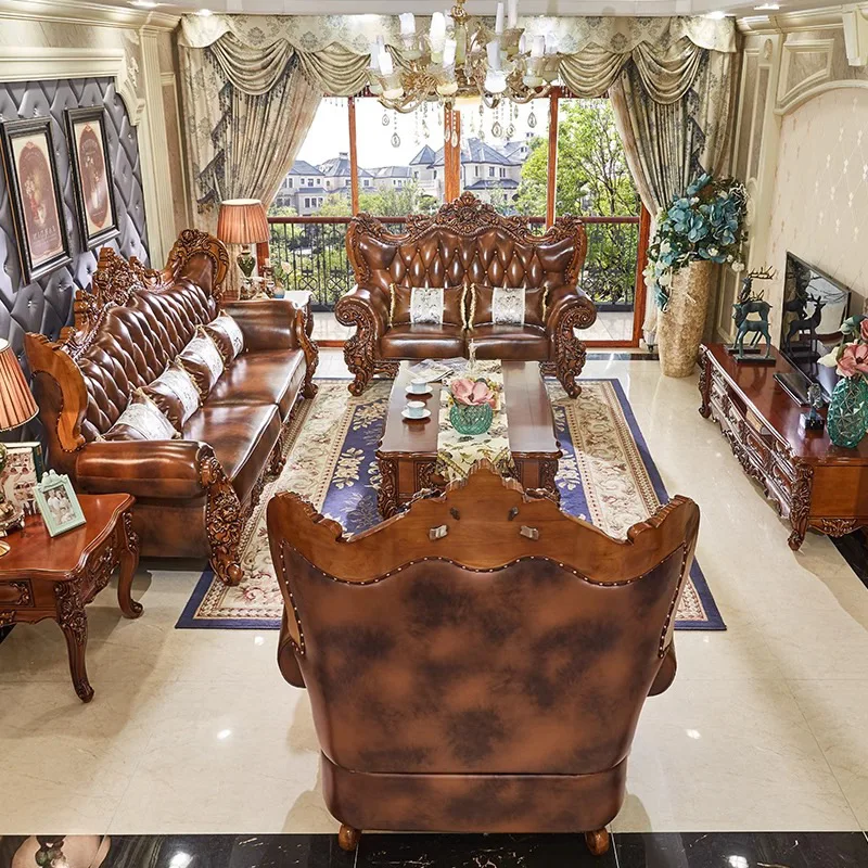 European Leather Sofa Solid Wood Living Room Cowhide Luxury Villa American 123 Furniture Luxury Combination Carving Process