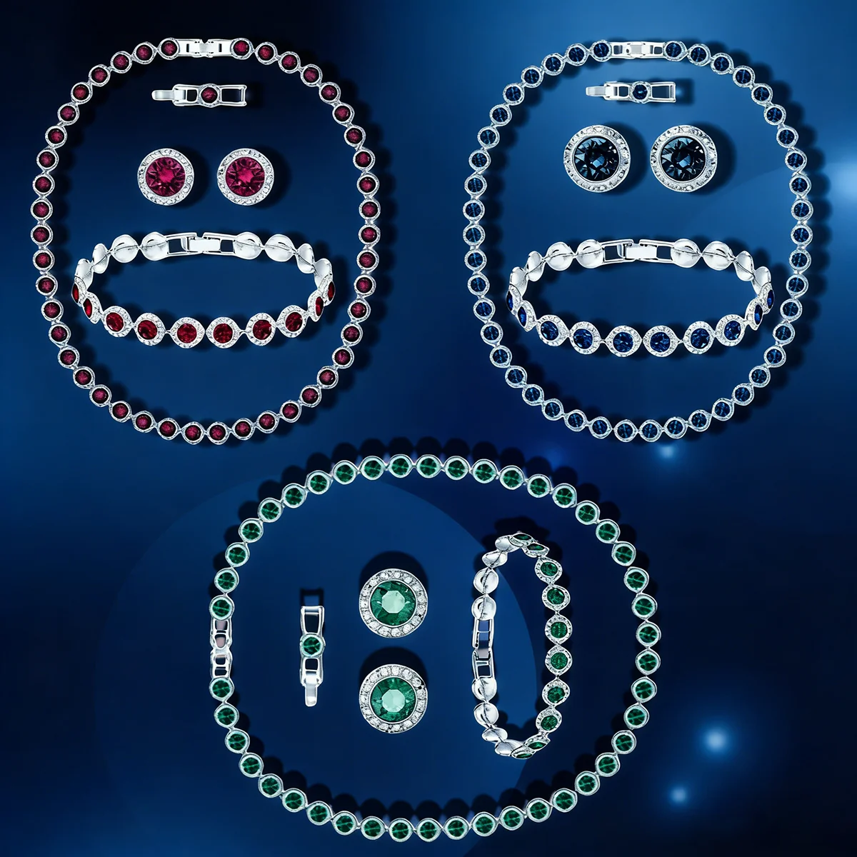 

Хит продаж, комплект зеленых, синих и красных круглых бриллиантов, серьги, браслет, ожерелье, высококачественный дизайн, женские украшения