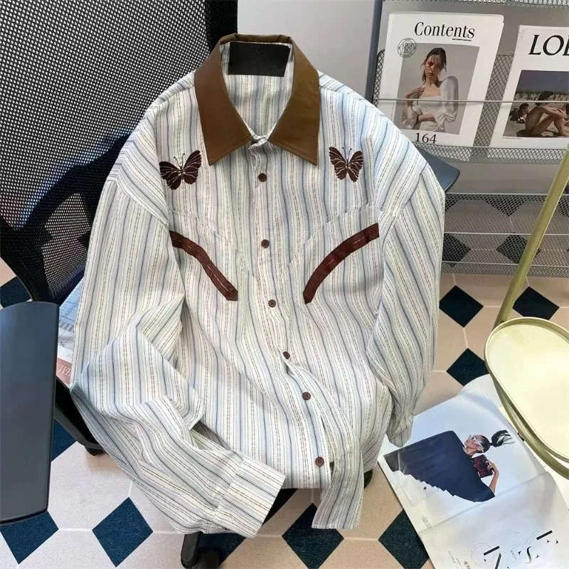 

Deeptown Elegant Butterfly Graphic Striped Women Shirts Long Sleeve Korean Fashion Preppy Blouses Oversized Office Lady Casual