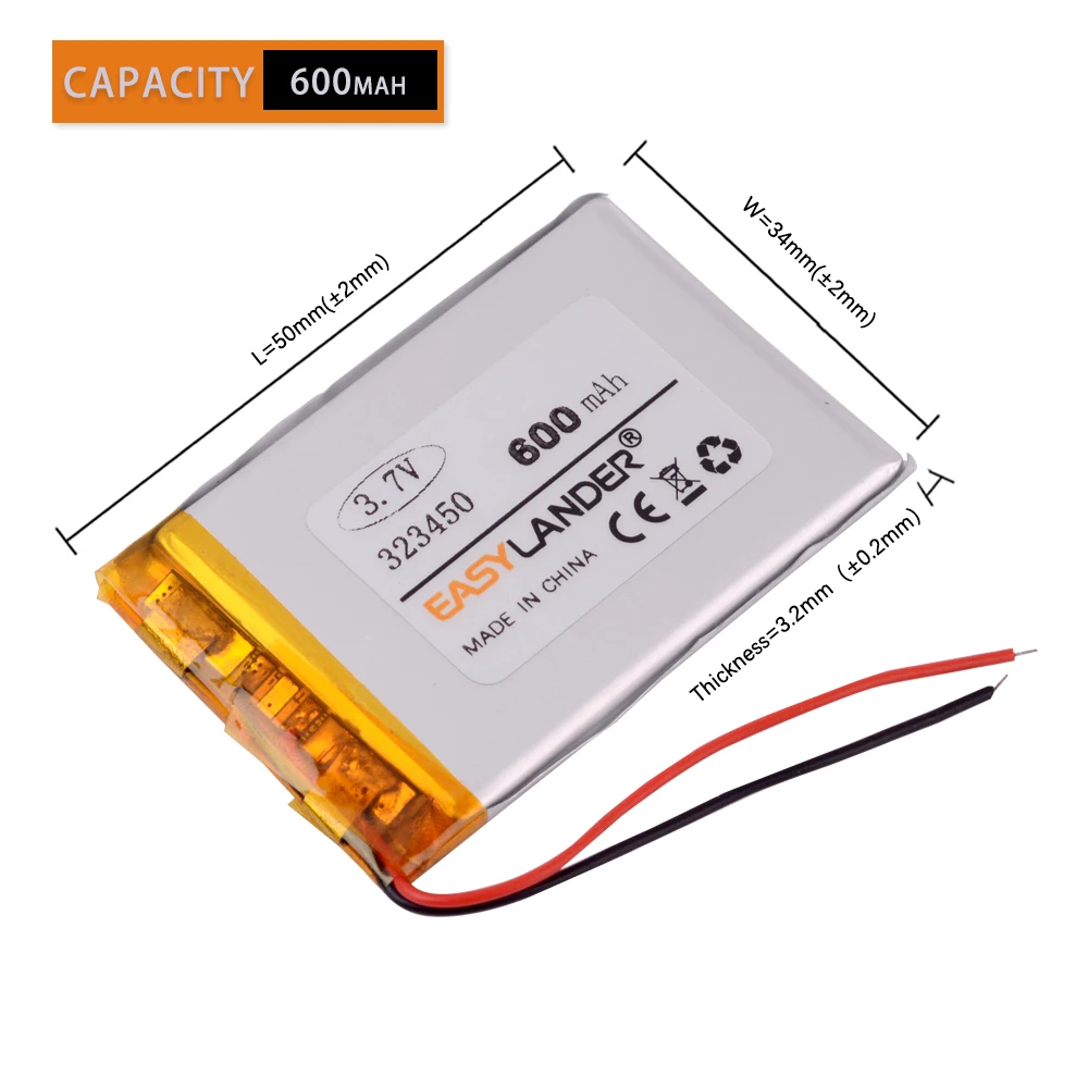 PRS-505 E-Book Battery 323450 3.7v 600mah lithium polymer battery For Sports bracelet earphone MP3 MP4 DVR GPS 303450 313450