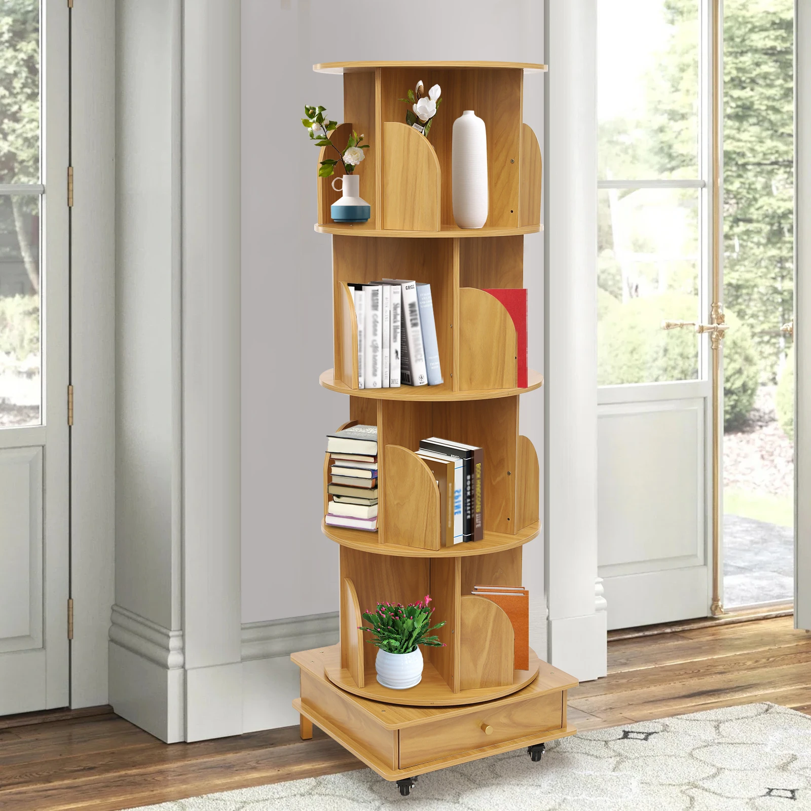 142 cm drehbares Massivholz-Bücherregal mit Schublade, mehrstufiges Bücherregal auf Rädern, 80–100