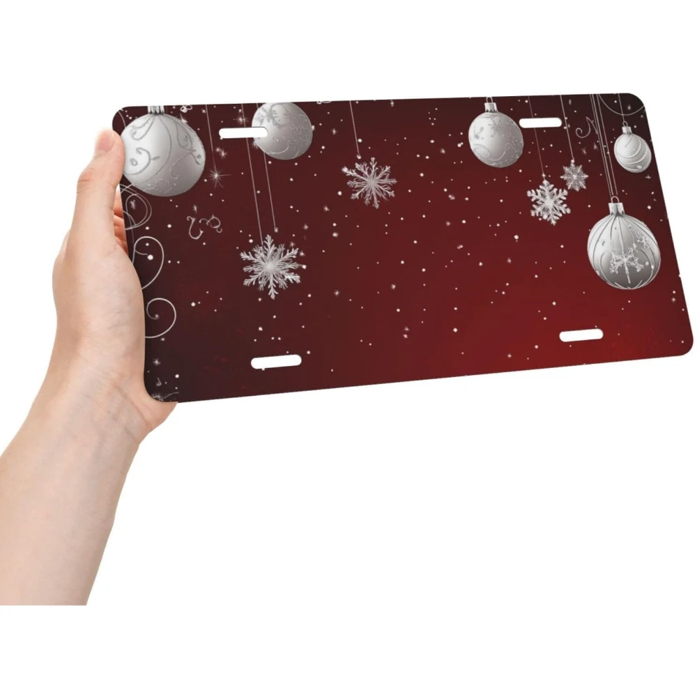 

License Plate Red Christmas Ball Metal Car Plate Xmas Snowflakes Car Front License Decorative Aluminum License Cover