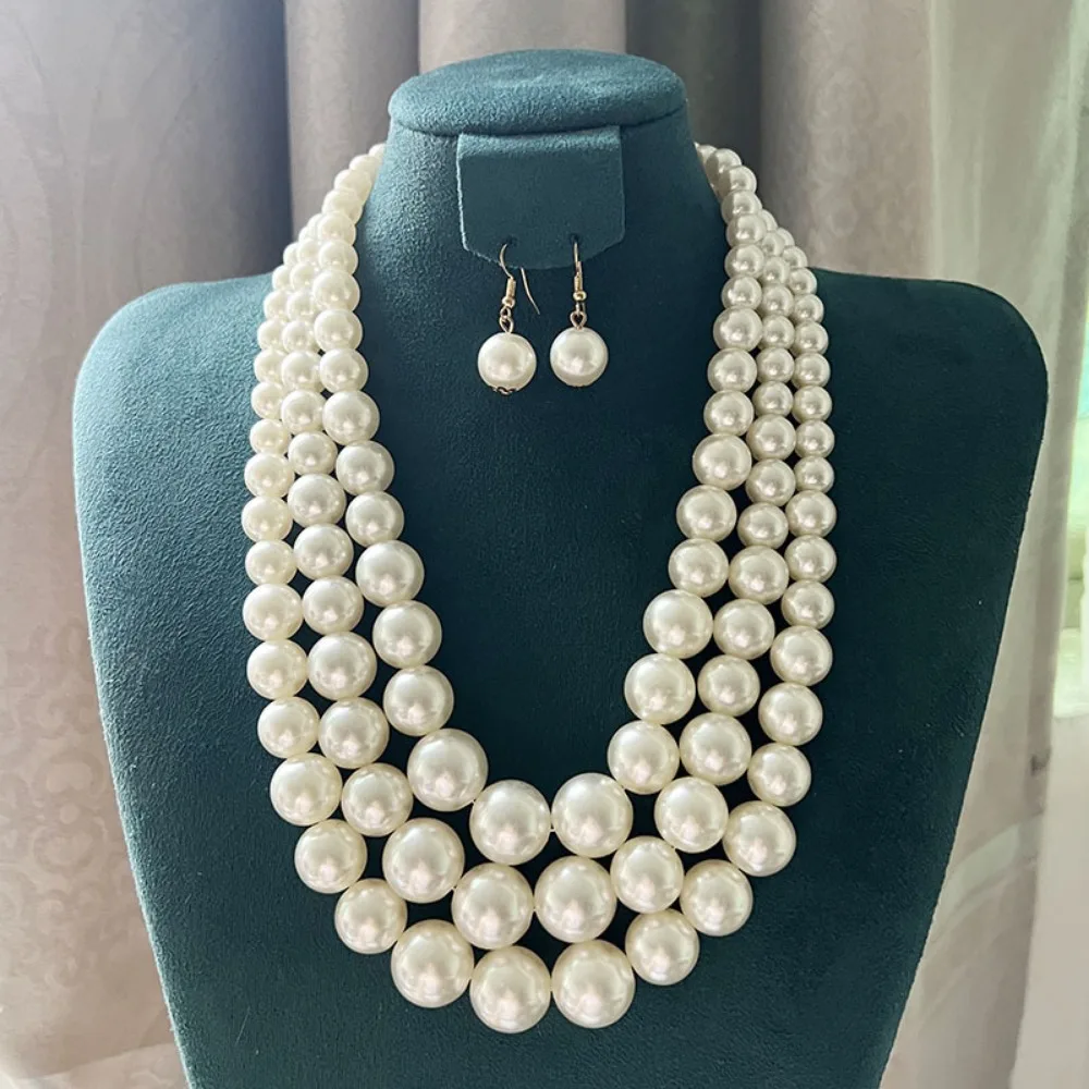 Korean Fashion 3-Row Imitation Pearl Beaded Choker Necklace Women Bridal Wedding Luxury Accessories Bridal Party Gift Jewelry