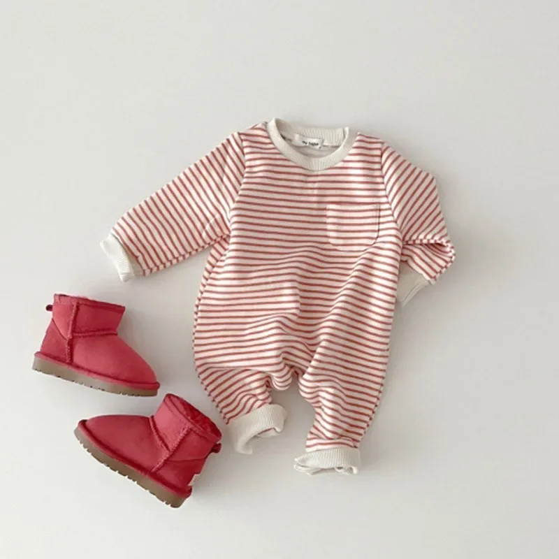 2024 Spring New Baby Striped Romper Boys Girls Simple Striped Casual Jumpsuit Winter Infant Fleece Warm Clothes