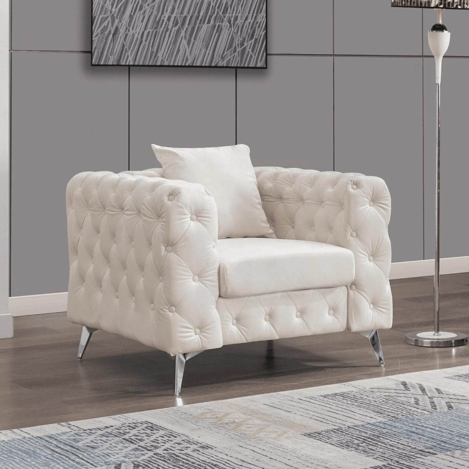 wj-Modern Velvet Chesterfield Armchair Button Tufted Accent Chair with Wood Legs Set for Living Room Home Furniture！