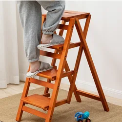 Household Storage Ladder Chair Dual-purpose Ladder Stool  Multi-functional Climbing Tread Stairs Solid Wood Folding Ladder