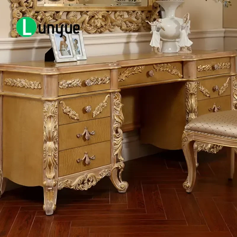 Italian Luxury Castle Style Antique Gold Wood Dresser with Mirror and Cushioned Seat Vintage Vanity Table for Bedroom Elegant