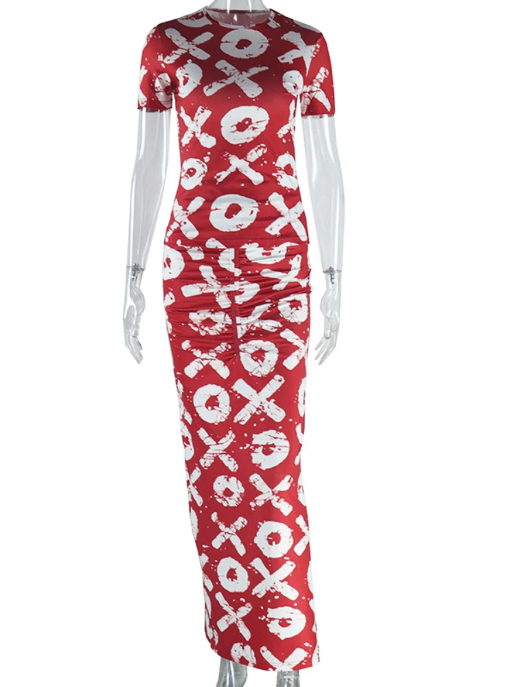 XIZOU Letter Printed Two Piece Skirt Sets Round Neck Short Sleeves Tops and Bodycon Long Skirt Streetwear Outfits Women Clothing
