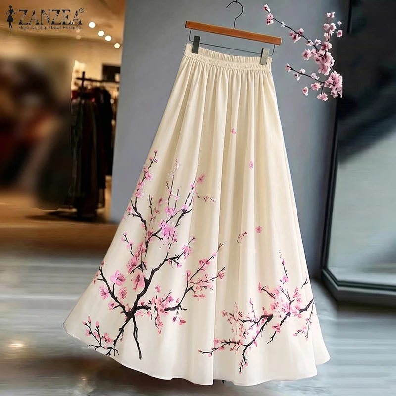 Women Ombre A-Line Maxi Skirts Fashion Elastic Waist Floral Print Loose Long Skirt ZANZEA Autumn Daily Casual Dates Faldas Mujer