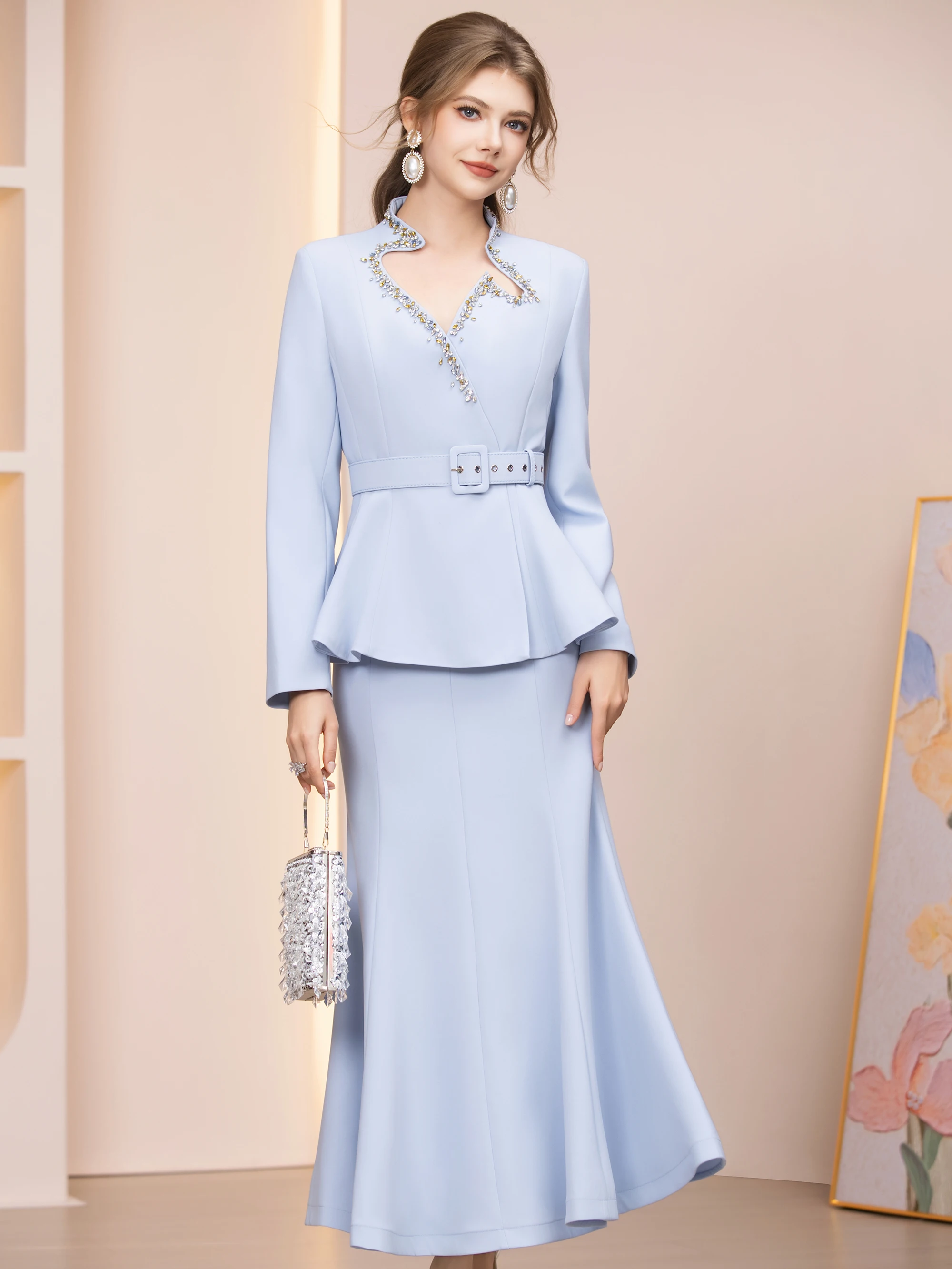 

Комплект из двух предметов Ele Diamond: юбка-рыбка с высокой талией и жакет, украшенные стразами, для женщин, Весна 2026