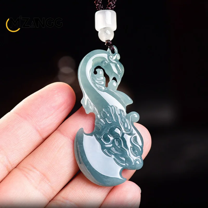 Natural Jadeite Blue Water Dragon-and-Phoenix Axe Pendant Stylish Charming Ice-Type Jade Necklace Unisex Perfect Holiday Gift - view 3
