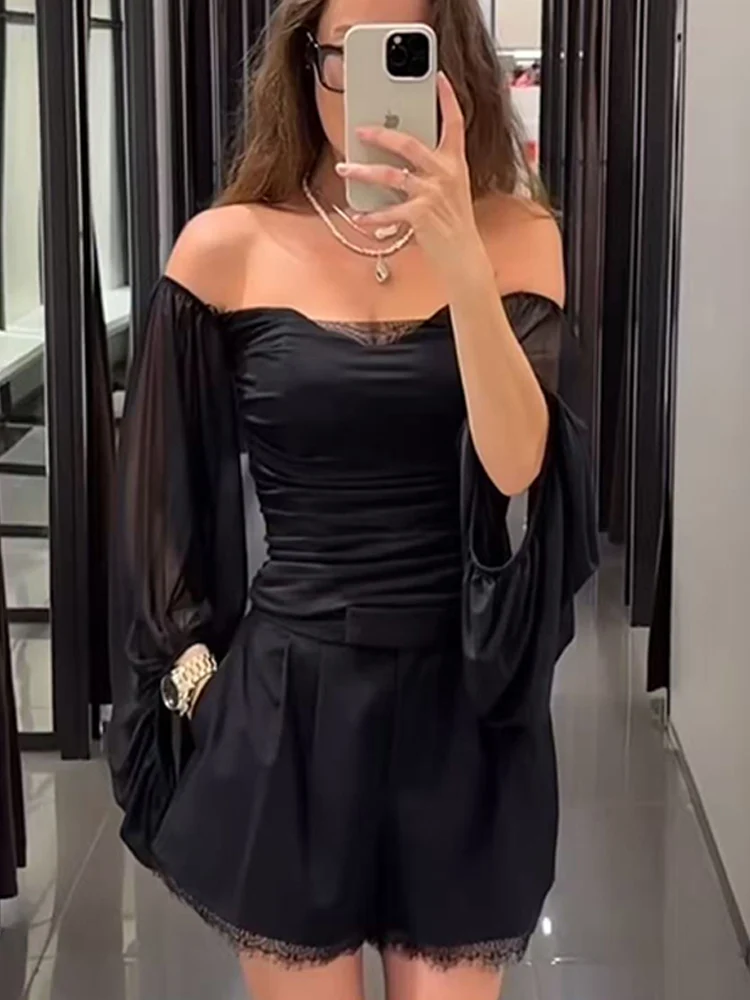 TFMLN Top con scollo a barchetta per donna Manica a sbuffo trasparente sottile sexy Elegante camicetta a maniche lunghe con spalle scoperte Abiti da festa chic femminili