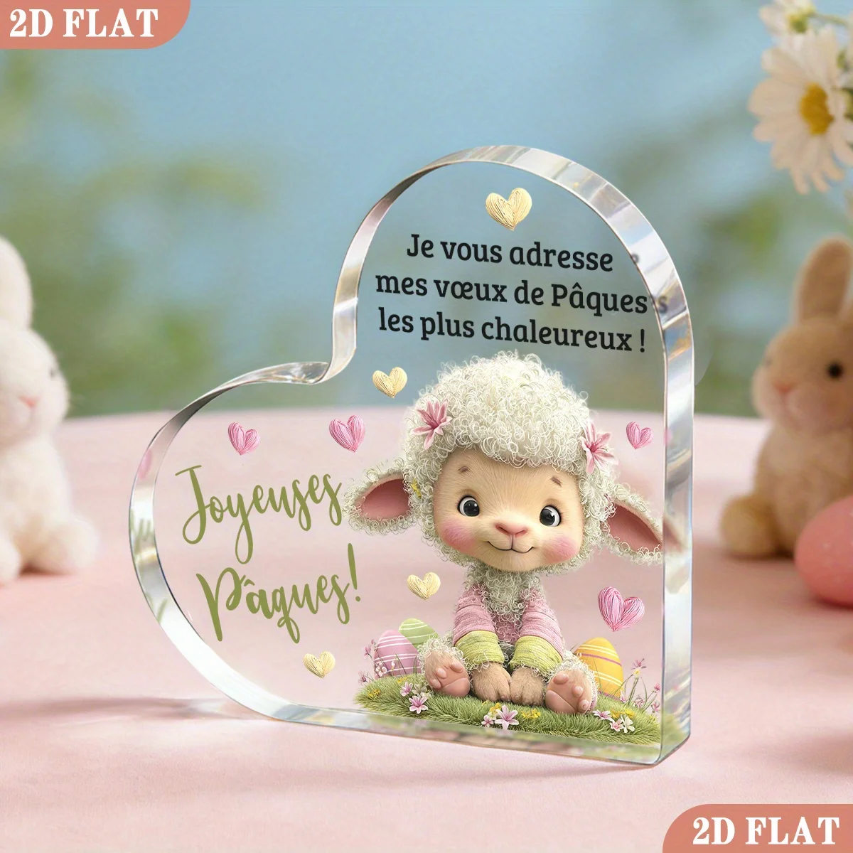 Figura de Cordero Acrílica Plana 2D Blanca para Pascua - Cordero en Forma de Corazón con Etiqueta de Nombre en Francés 'Agneau', Linda Estatua de Cordero para