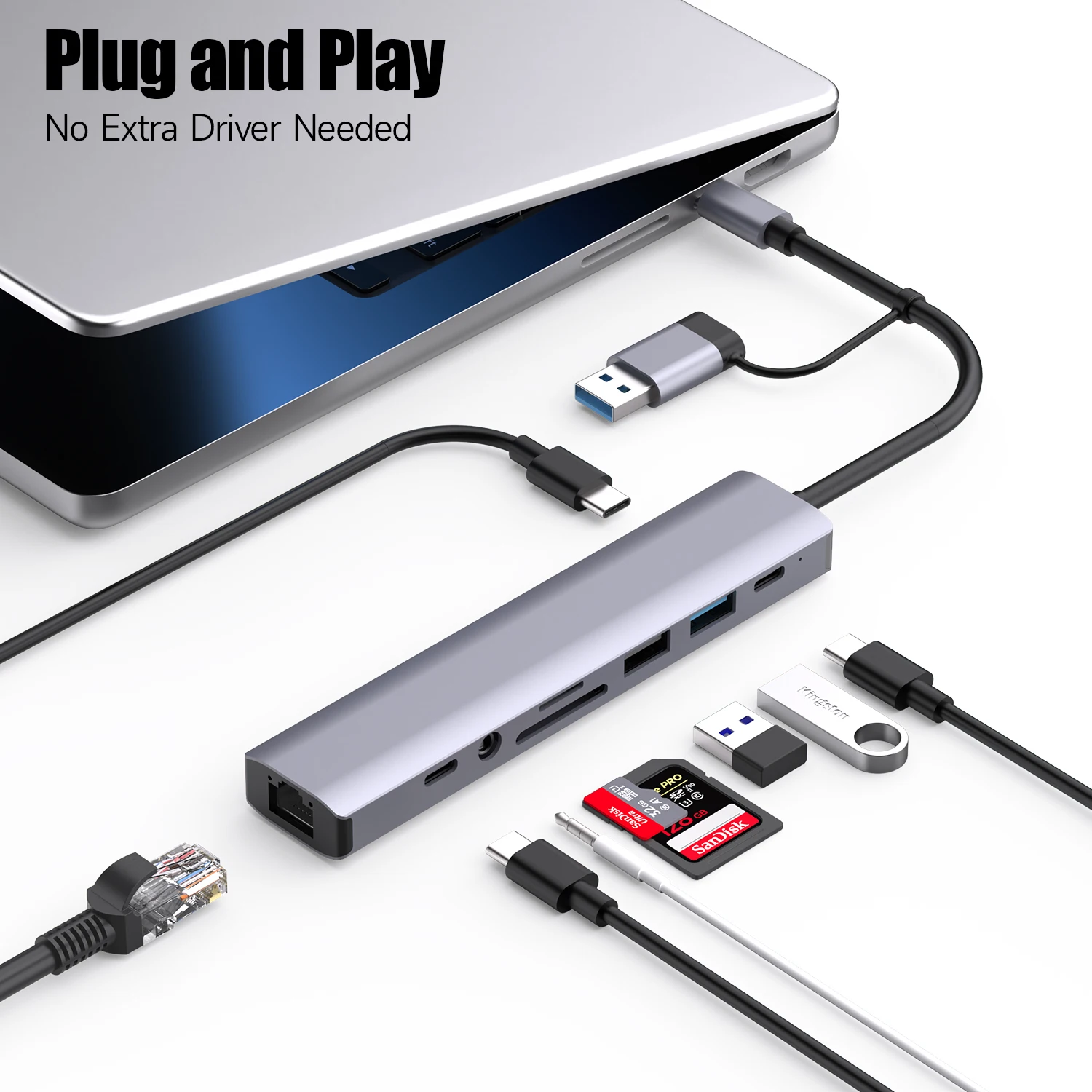 PC/노트북/MacBook Pro/Air/iMac/iPad 및 기타 장치용 USB 3.0 USB 2.0 포트가 있는 알루미늄 9 in 2 USB C 및 USB 허브