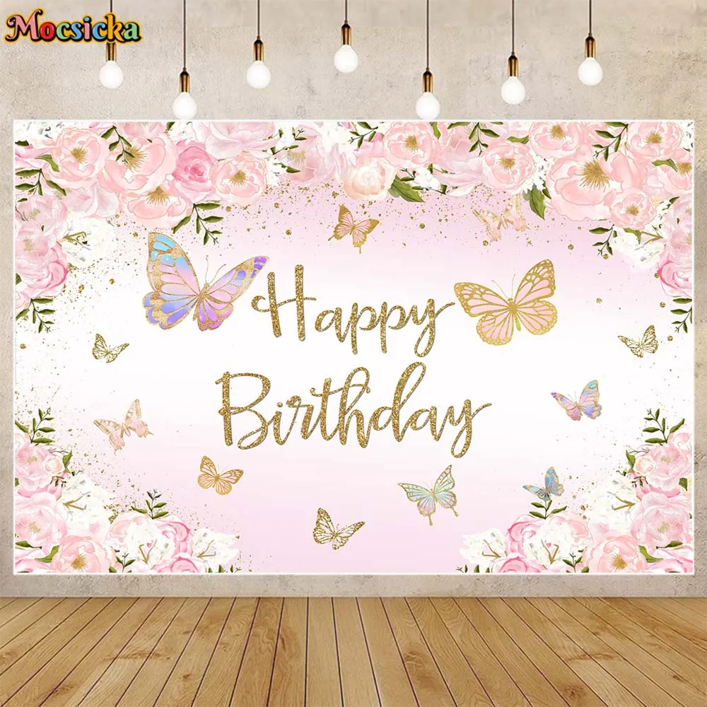 

Mocsicka Baby Birthday Backdrop Pink Flowers Butterfly Girls Happy Birthday Party Photo Background Custom Photocall Banner Decor