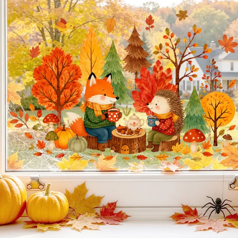 Autumn Window Decals, Cute Fox And Hedgehog Tea Party, Fall Forest Animals Stickers Watercolor Maple Leaves Glass Art Home Decor