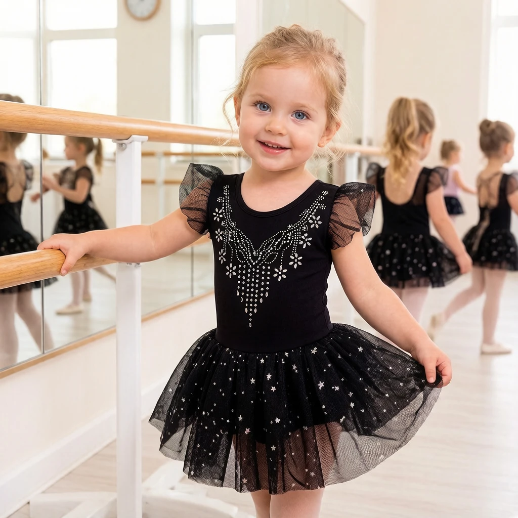 1Pc Black Sequin Diamond Girls Dance Costume, tulle ballet leotard, slim tutu dress for summer stage performances
