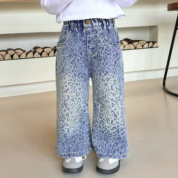 Girls' Leopard Print Jeans 2025 Autumn Spring Little Girl Loose Straight Trousers Children Elastic Waist Casual Denim Pants 4