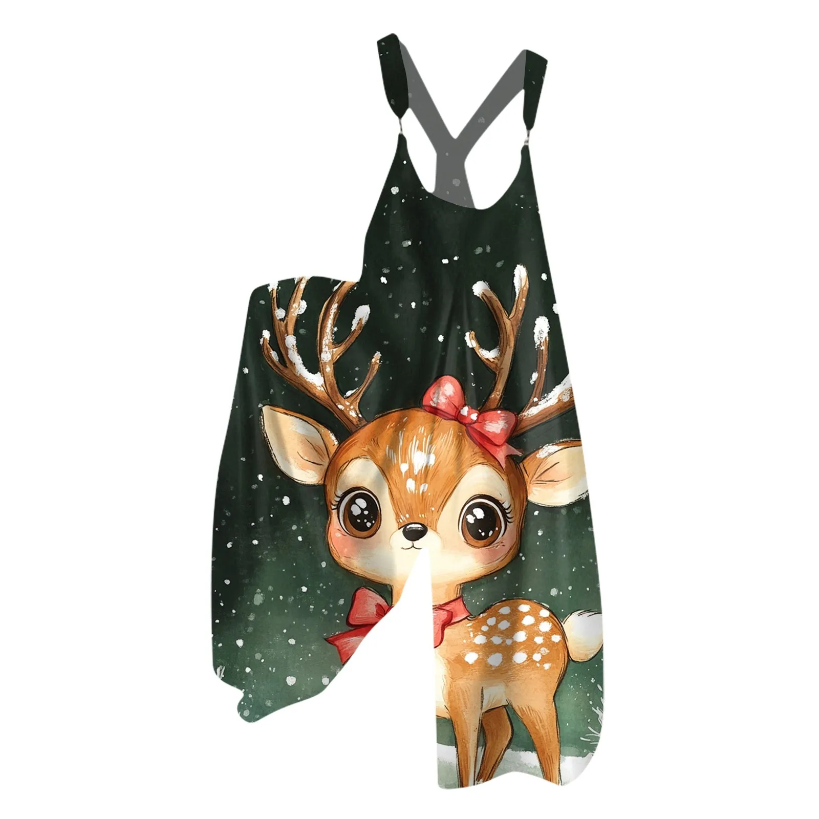 Women's Christmas Jumpsuit Cute Cartoon Animal Christmas Print Wide Leg Rompers Loose Casual Overalls Strappy Dungarees Onesie