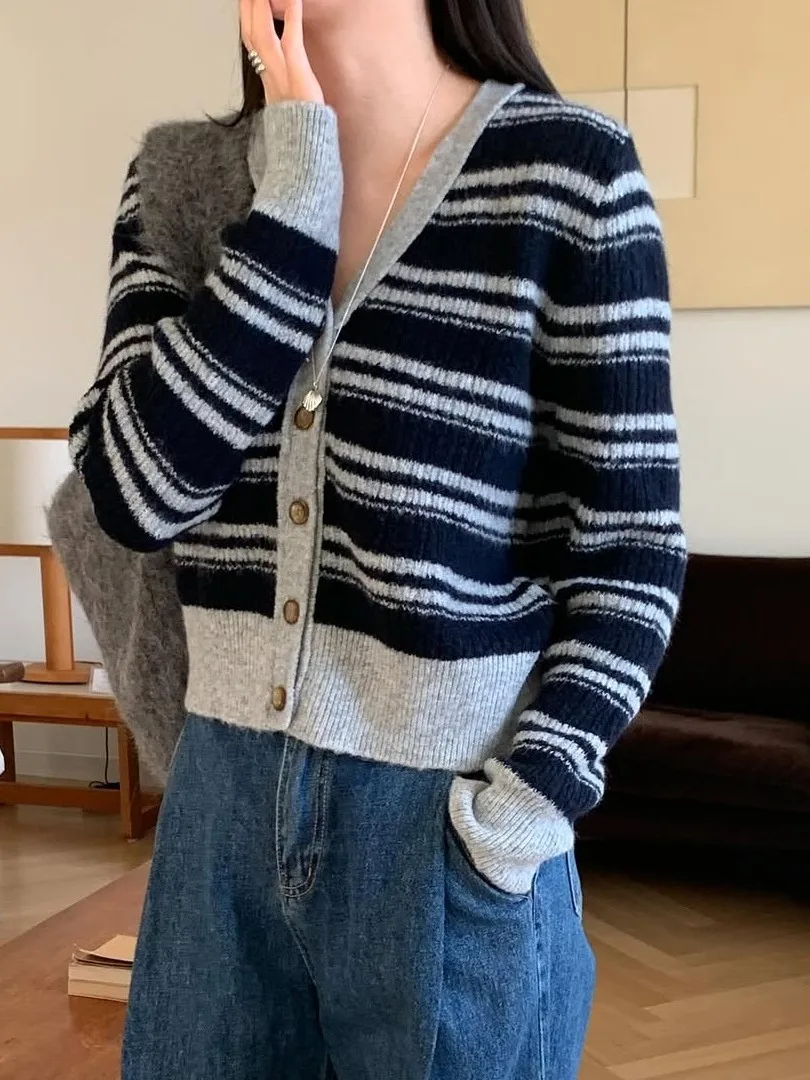 Coreano Sle V-Ne Slim Fit Listrado Malha Cardigan Aberto Feminino Versátil Quente Botão Único Longo Sve Sweat...